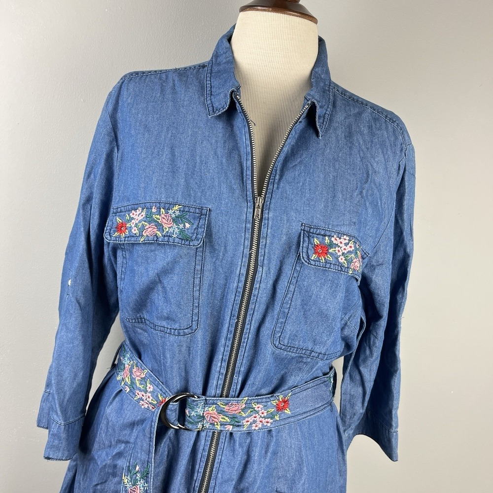 Given Kale Boho Embroidered Dress Womens XL Blue Chambray Floral‎ Belted